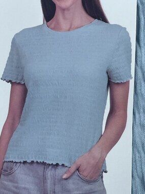 Kersh Womens Light Blue Textured Short Sleeve Top Size Large d0766